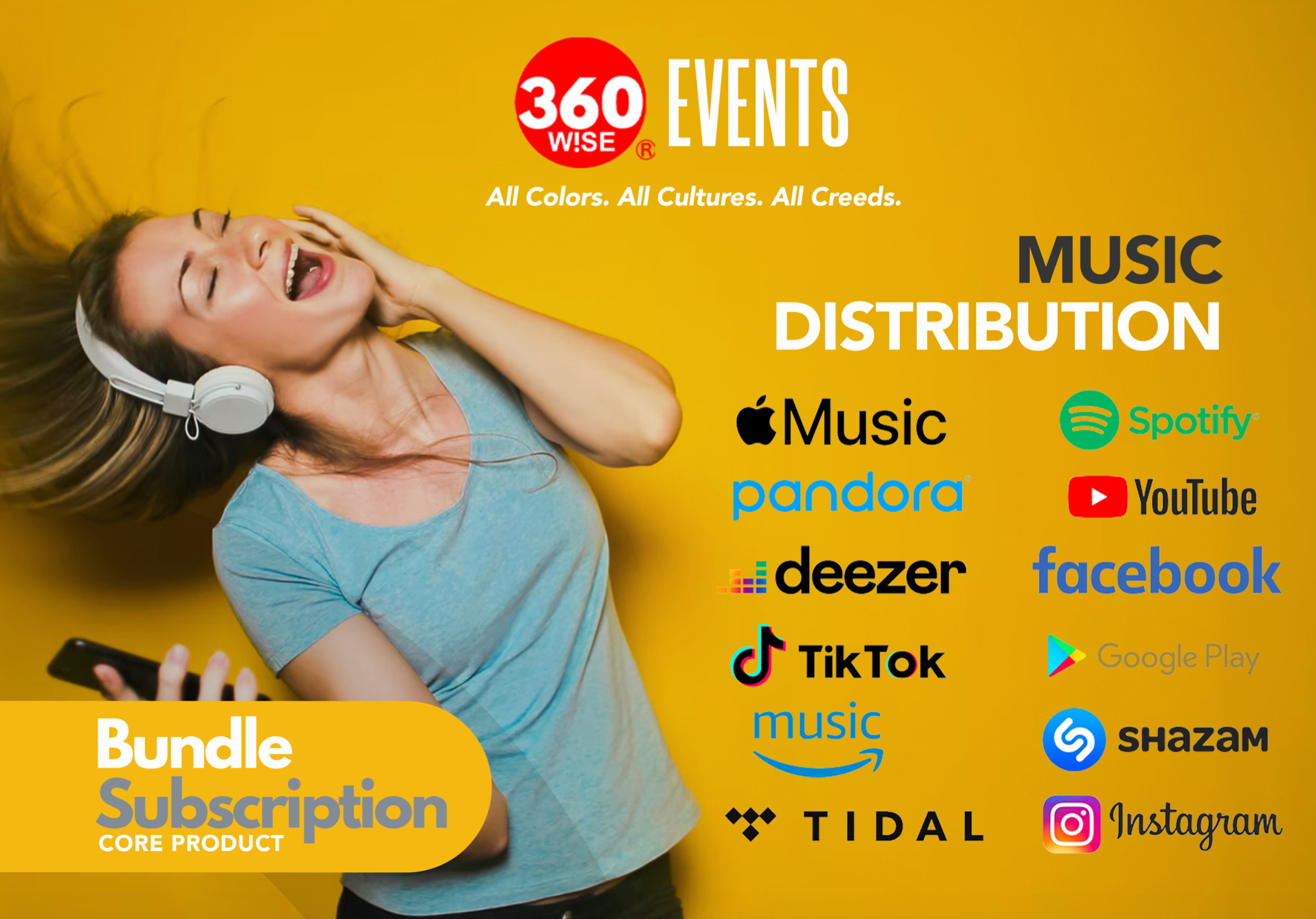 360WiSE Music Distribution Apple Music, Pandora, Spotify, Tidal, YouTube, TikTok, Amazon, FaceBook, Google Play, SHAZAM, Instagram and more.