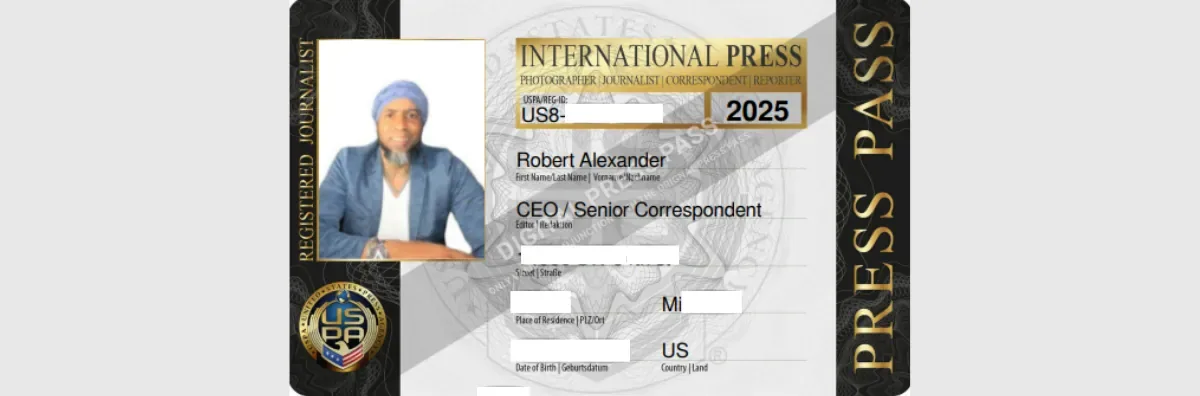 USPA-accredited press ID for Robert Alexander — 360WiSE® Media Senior Correspondent