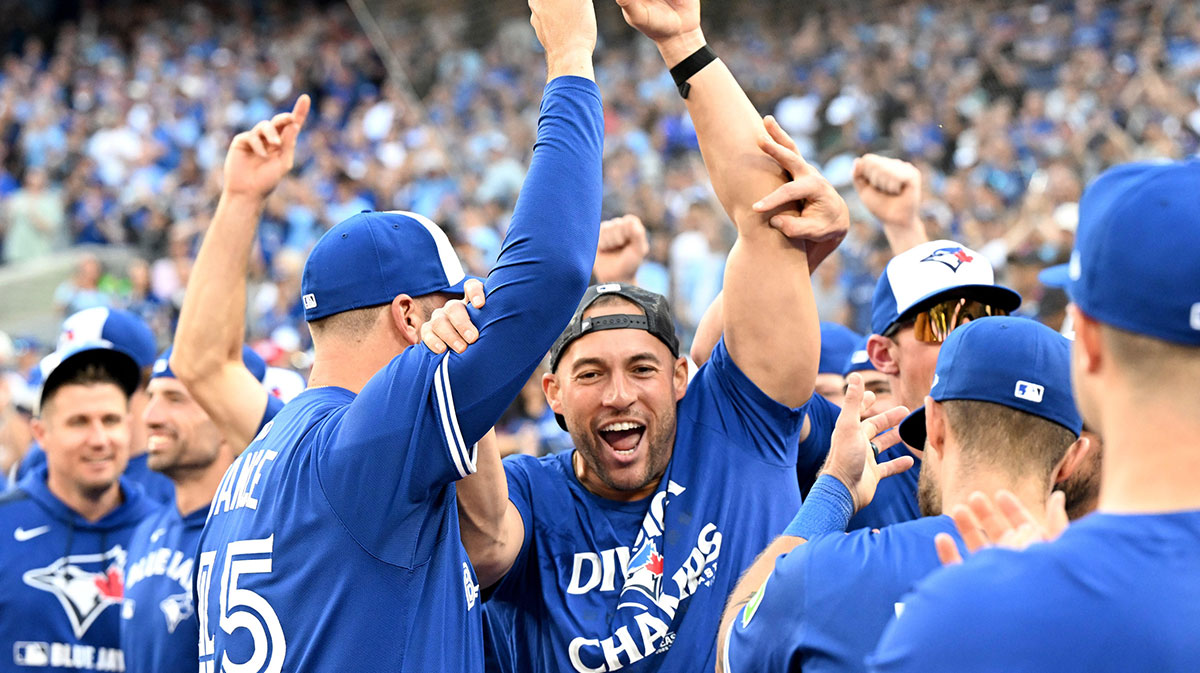 Blue Jays designated hitter George Springer 4 celebrates FMezTX