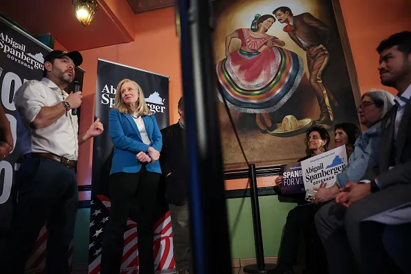 From tacos to tea, Spanberger panders to Latinos and Asians 4 ALEXANDRIA, VIRGINIA - OCTOBER 30: Virginia Democratic gubernatorial candidate, former Rep. Abigail Spanberger (2nd L) listens as Sen. Ruben Gallego (L) (D-AZ) speaks during a campaign event at Los Tios Grill on October 30, 2025 in Alexandria, Virginia. Spanberger will face off against Republican candidate Winsome Earle-Sears in the Commonwealth of Virginia’s off-year election for governor and other statewide offices on November 4.