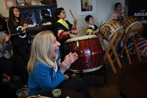 From tacos to tea, Spanberger panders to Latinos and Asians 2 ANNANDALE, VIRGINIA - OCTOBER 30: Virginia Democratic gubernatorial candidate, former Rep. Abigail Spanberger reacts at the end of a Korean drumming ceremony performed by children during a campaign event at Soricha Tea & Theater on October 30, 2025 in Annandale, Virginia. Spanberger will face off against Republican candidate Winsome Earle-Sears in the Commonwealth of Virginia’s off-year election for governor and other statewide offices on November 4.