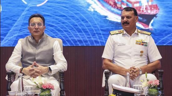 Navy chief admiral Dinesh K Tripathi and minister 1760620440445 2y4c7M