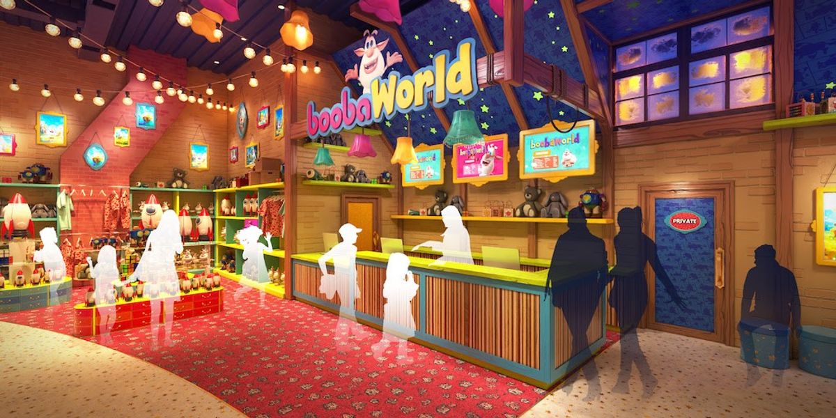 colorful toy store interior with boobaworld sign bright decor and customers browsing