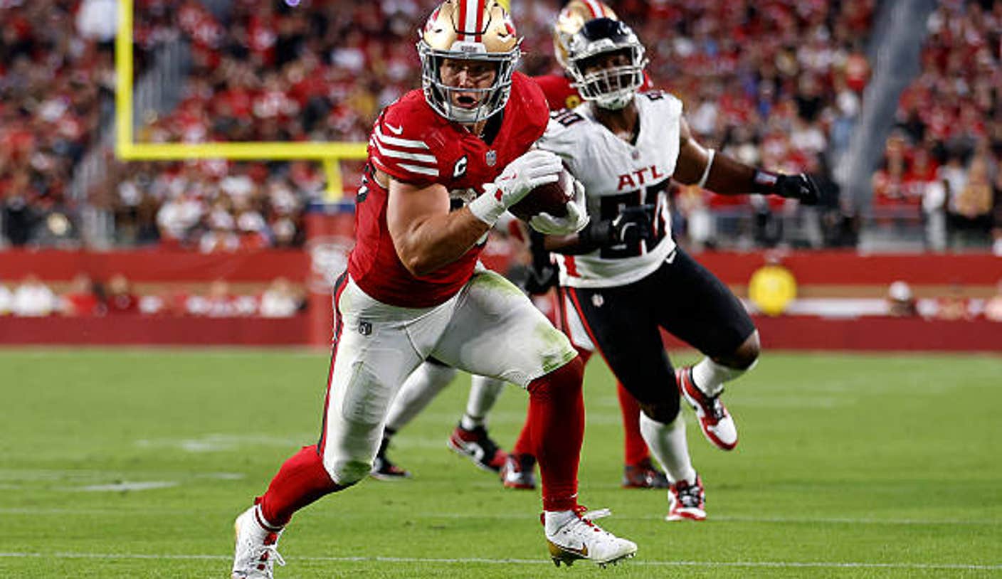 santa clara california christian mccaffrey of the san francisco 49ers in action against the uE2hU1