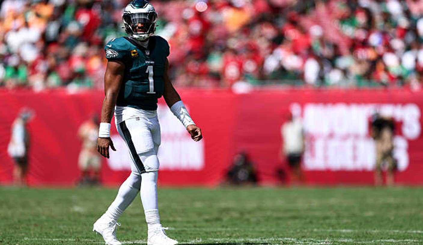 tampa florida jalen hurts of the philadelphia eagles reacts after a play during an nfl 1YeAu3